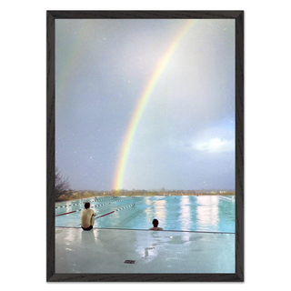 Urban film photography poster featuring a collage of a swimming pool with a rainbow, displayed in a premium black wooden frame.