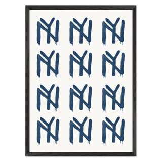 This image displays an abstract wall art piece featuring a geometric pattern in blue ink. The print showcases a modern style, making it an ideal addition to any living room or creative space. The bold design consists of repetitive geometric elements, which give the artwork a unique and contemporary appearance. The ink creates a vibrant blue color that stands out, perfect for modern decor enthusiasts seeking to enhance their interiors with striking and sophisticated pieces. featuring premium