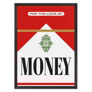 Modern urban artwork inspired by Marlboro Red, featuring red and white design with black text and 'For the Love of Money' theme, displayed in a premium black wooden frame.