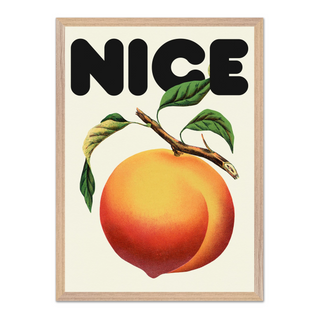 Framed artwork featuring a vintage-style peach and leaves with the word 'NICE' in bold text on a beige background, displayed in a premium oak wooden frame.
