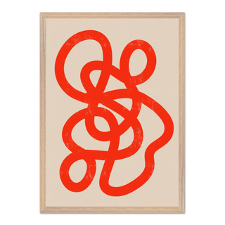Abstract minimalist print featuring bold red lines on a beige background, displayed in a premium oak wooden frame.