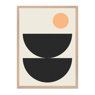 Boho scandi style abstract art print with black semi circle shapes and a peach circle on a beige background. Displayed in a premium wood oak frame. 