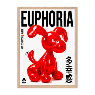 Bold Japanese style exhibition poster of  red balloon dog sculpture with 'Euphoria' text on a white background. Displayed in a oak premium wooden frame. 