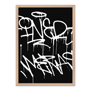 Black and white abstract art print featuring graffiti-style text on a black background, displayed in a premium oak wooden frame.