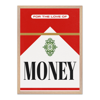 Modern urban artwork inspired by Marlboro Red, featuring red and white design with black text and 'For the Love of Money' theme, displayed in a premium oak wooden frame.
