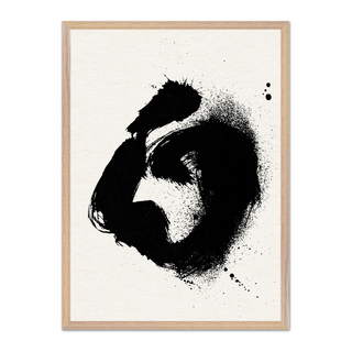 Abstract black poster featuring a dynamic ink splatter design, perfect for modern or minimalist interiors, displayed in a sleek premium wooden oak frame.