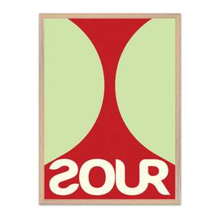 Bold red and green typography poster featuring the word 'SOUR', displayed in a premium oak wooden frame.