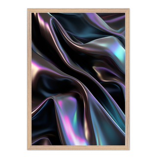 Framed abstract artwork featuring a wavy, iridescent design on a white background, displayed in a premium oak wooden frame.