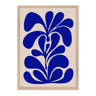 Hand drawn botanical floral abstract blue illustration on a beige background poster.  Displayed in a oak wooden frame. 