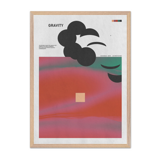Abstract poster with pink and green hues, bold typography reading ‘Gravity’ on a clean white background, displayed in a premium wooden oak frame