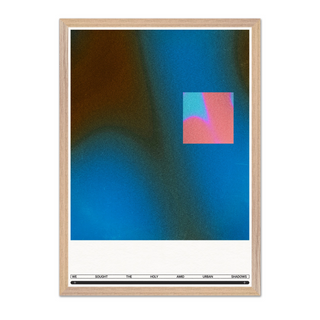 Abstract blue and pink wall art with typography. Displayed in a oak wooden frame. 