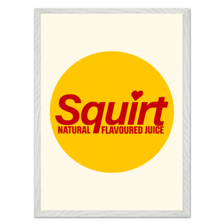 Retro Squirt poster featuring bold yellow and red colors in a vintage style beverage advertisement, displaying a graphic design with the word 'Squirt' prominently in a playful font and the phrase 'Natural Flavoured Juice' in a classic style, crafted from print and ink on paper, suitable for home or office decor, designed to evoke nostalgia and charm with its vibrant colors and large text, perfect for adding personality to living spaces with retro flair and classic beverage themes, an engaging
