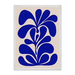 Hand drawn botanical floral abstract blue illustration poster on a beige background Displayed in a white wooden frame. 