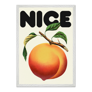 Framed artwork featuring a vintage-style peach and leaves with the word 'NICE' in bold text on a beige background, displayed in a premium white wooden frame.