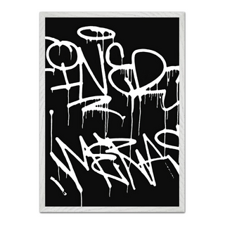 Black and white abstract art print featuring graffiti-style text on a black background, displayed in a premium white wooden frame.