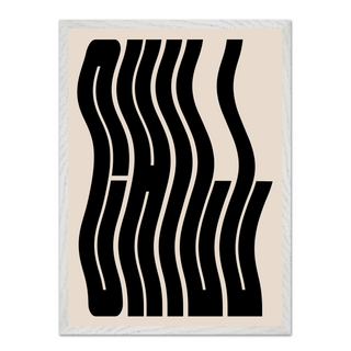 Framed typography art print saying "Chill' with black wavy lines on a beige background. Displayed in a white wooden frame. 
