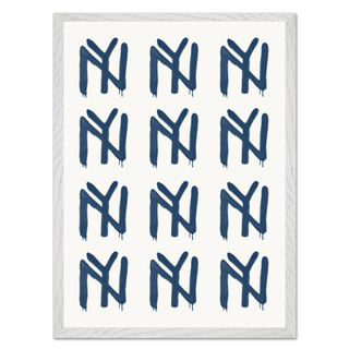 This image displays an abstract wall art piece featuring a geometric pattern in blue ink. The print showcases a modern style, making it an ideal addition to any living room or creative space. The bold design consists of repetitive geometric elements, which give the artwork a unique and contemporary appearance. The ink creates a vibrant blue color that stands out, perfect for modern decor enthusiasts seeking to enhance their interiors with striking and sophisticated pieces. featuring premium