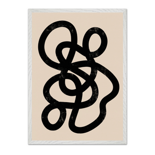 Minimalist artwork featuring a black interwoven design on a beige background, displayed in a premium white wooden frame.