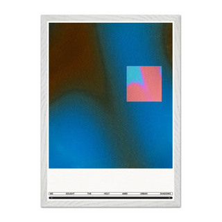 Abstract blue and pink wall art with typography. Displayed in a white wooden frame. 