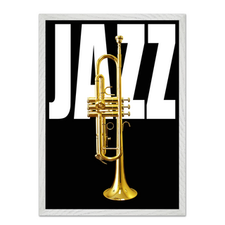 Black background Jazz music typography poster with gold trumpet and 'Jazz' text. Framed in a white wooden frame.