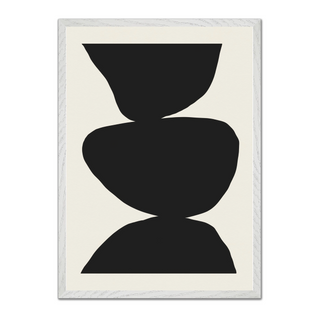 Minimalist black and white abstract poster with three bold black shapes stacked against a clean white background, showcased in a premium white wooden frame.