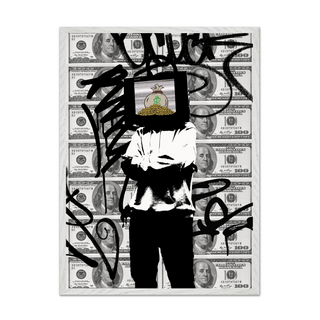 Urban banksy inspired graffiti wall art featuring dollar bills as the background a figure of a man with a tv on his head with cash inside. Thought  provoking street urban poster. Displayed in a premium white wooden frame. 