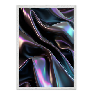 Framed abstract artwork featuring a wavy, iridescent design on a white background, displayed in a premium white wooden frame.