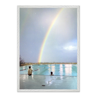 Urban film photography poster featuring a collage of a swimming pool with a rainbow, displayed in a premium white wooden frame.