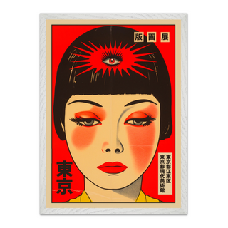 Vintage-style poster featuring a stylized Japanese lady’s face with bold red and black text on a red background, displayed in a premium  white wooden frame.