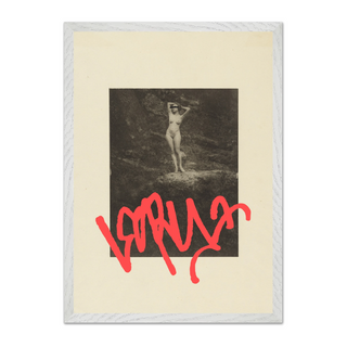 Vintage sepia photograph of nude lady with red graffiti mark overlaid placed on beige background poster. Displayed in a premium white wooden frame. 