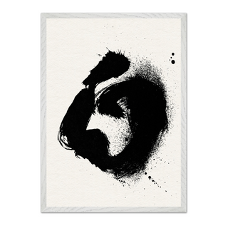 Abstract black poster featuring a dynamic ink splatter design, perfect for modern or minimalist interiors, displayed in a sleek premium wooden white frame.