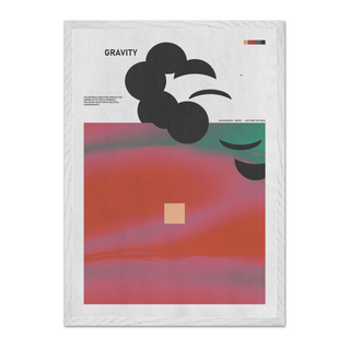 Abstract poster with pink and green hues, bold typography reading ‘Gravity’ on a clean white background, displayed in a premium wooden white frame