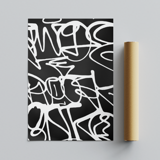 Graffiti Black and white abstract poster  with a roll of packaging tube on a gray background