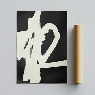Painted black and white abstract brush mark art print. White brush marks on black background. Placed next to a brown cardboard tube packaging. 