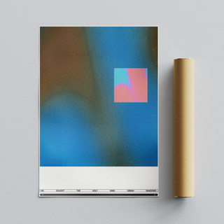 Abstract blue and pink wall art with typography.Placed next to a cardboard tube roll packaging. 