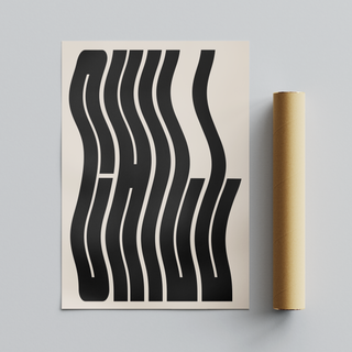 Framed typography art print saying "Chill' with black wavy lines on a beige background. Next to brown tube packaging. 