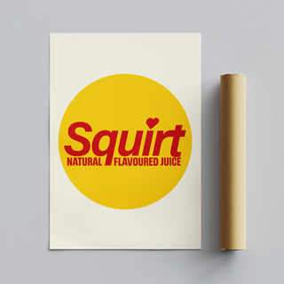 Retro Squirt poster featuring bold yellow and red colors in a vintage style beverage advertisement, displaying a graphic design with the word 'Squirt' prominently in a playful font and the phrase 'Natural Flavoured Juice' in a classic style, crafted from print and ink on paper, suitable for home or office decor, designed to evoke nostalgia and charm with its vibrant colors and large text, perfect for adding personality to living spaces with retro flair and classic beverage themes, an engaging