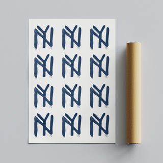 This image displays an abstract wall art piece featuring a geometric pattern in blue ink. The print showcases a modern style, making it an ideal addition to any living room or creative space. The bold design consists of repetitive geometric elements, which give the artwork a unique and contemporary appearance. The ink creates a vibrant blue color that stands out, perfect for modern decor enthusiasts seeking to enhance their interiors with striking and sophisticated pieces. featuring premium