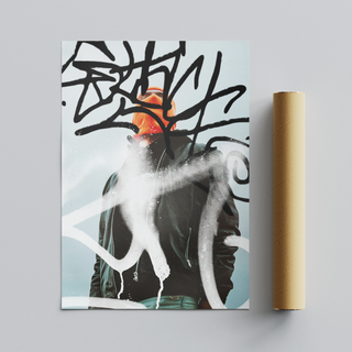 Urban photography of man wearing an orange beanie and black jacket with abstract art graffiti elements on a light blue background. Poster rolled out next to brown tube packaging. 