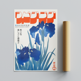 Red bold Japanese inspired typography with blue orchids illustration poster displayed next to a cardboard tube packaging. 