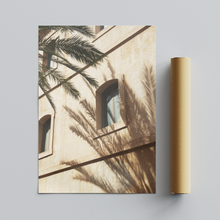Framed photograph of a minimalist white building with palm tree shadows cast across the surface, displayed next to cardboard tube packaging — perfect for modern coastal and urban interiors