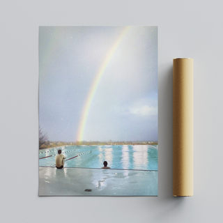 Urban film photography poster featuring a collage of a swimming pool with a rainbow, displayed next cardboard tube packaging. 