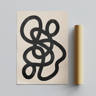 Minimalist artwork featuring a black interwoven design on a beige background, displayed next to cardboard brown roll packaging tube. 