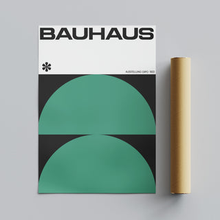Bauhaus poster showcasing bold graphic design with geometric shapes in black and green, crafted on quality paper. Designed in a modern minimalist style reflecting the iconic Bauhaus Ausstelllung Expo 1923, this wall art piece is ideal for home or office decor, providing a striking visual impact. Featuring clean lines and dynamic forms, it appeals to art and design history enthusiasts, offering a unique decorative option. Perfect for creating a sophisticated and artistic ambiance. featuring