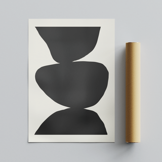 Minimalist black and white abstract poster with three bold black shapes stacked against a clean white background. Displayed next to cardboard tube packaging. 