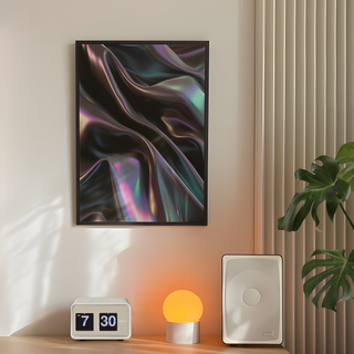Framed abstract artwork featuring a wavy, iridescent design on a white background, displayed in a premium black wooden frame.