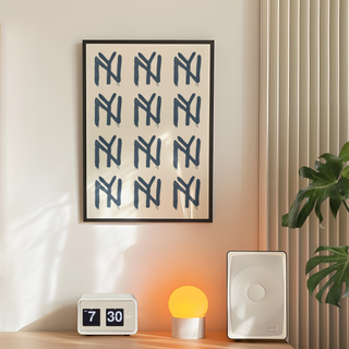 This image displays an abstract wall art piece featuring a geometric pattern in blue ink. The print showcases a modern style, making it an ideal addition to any living room or creative space. The bold design consists of repetitive geometric elements, which give the artwork a unique and contemporary appearance. The ink creates a vibrant blue color that stands out, perfect for modern decor enthusiasts seeking to enhance their interiors with striking and sophisticated pieces. featuring premium