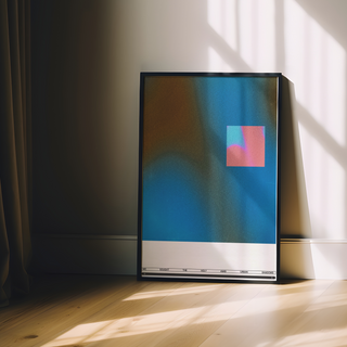 Abstract blue and pink wall art with typography. Displayed in a black wooden frame. 