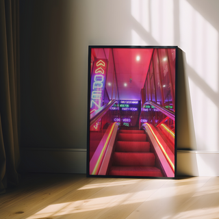 Vibrant urban wall art print of a neon-lit staircase with colorful lights and signage, designed for modern city interiors and displayed in a premium black wooden frame.
