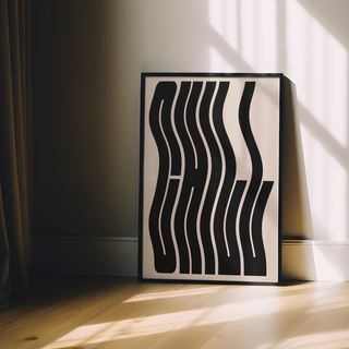 Framed typography art print saying "Chill' with black wavy lines on a beige background. Displayed in a black wooden frame. 